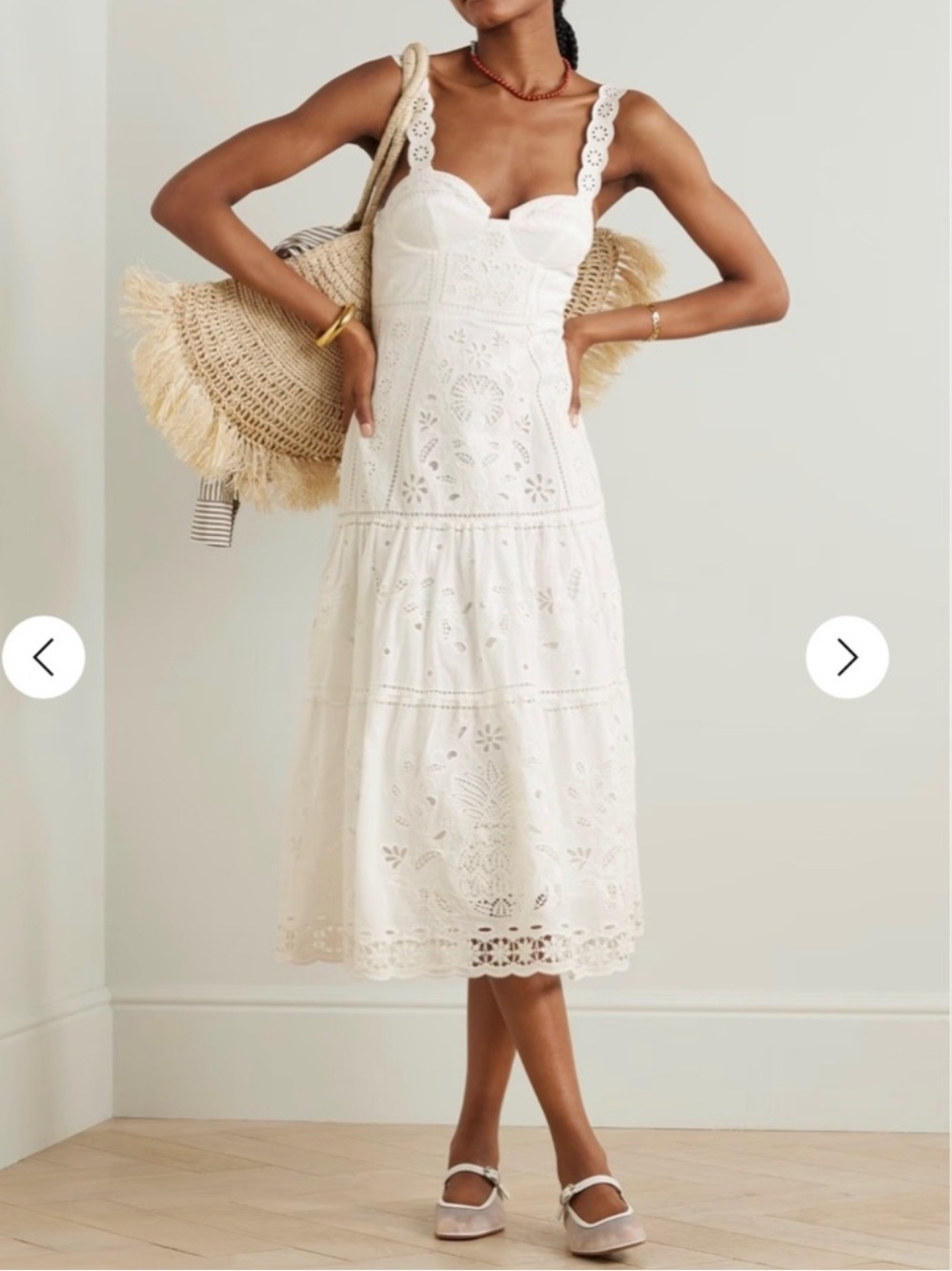 💥 FARM RIO White Eyelet Richelieu Midi Dress with Scalloped Straps Sz M